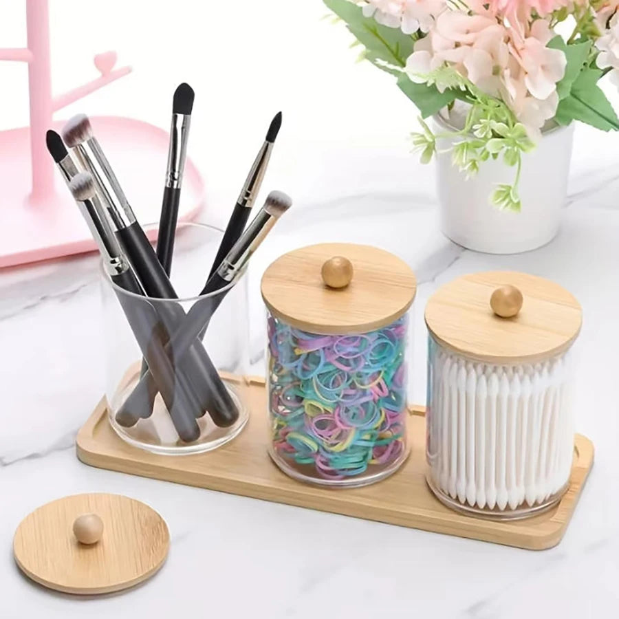 Clear Acrylic Bathroom Canister with Tray Plastic Apothecary Jars Storage box Bathroom Organizers for Qtip, Cotton Balls, Floss Peaceful Pleasures Health and Wellness