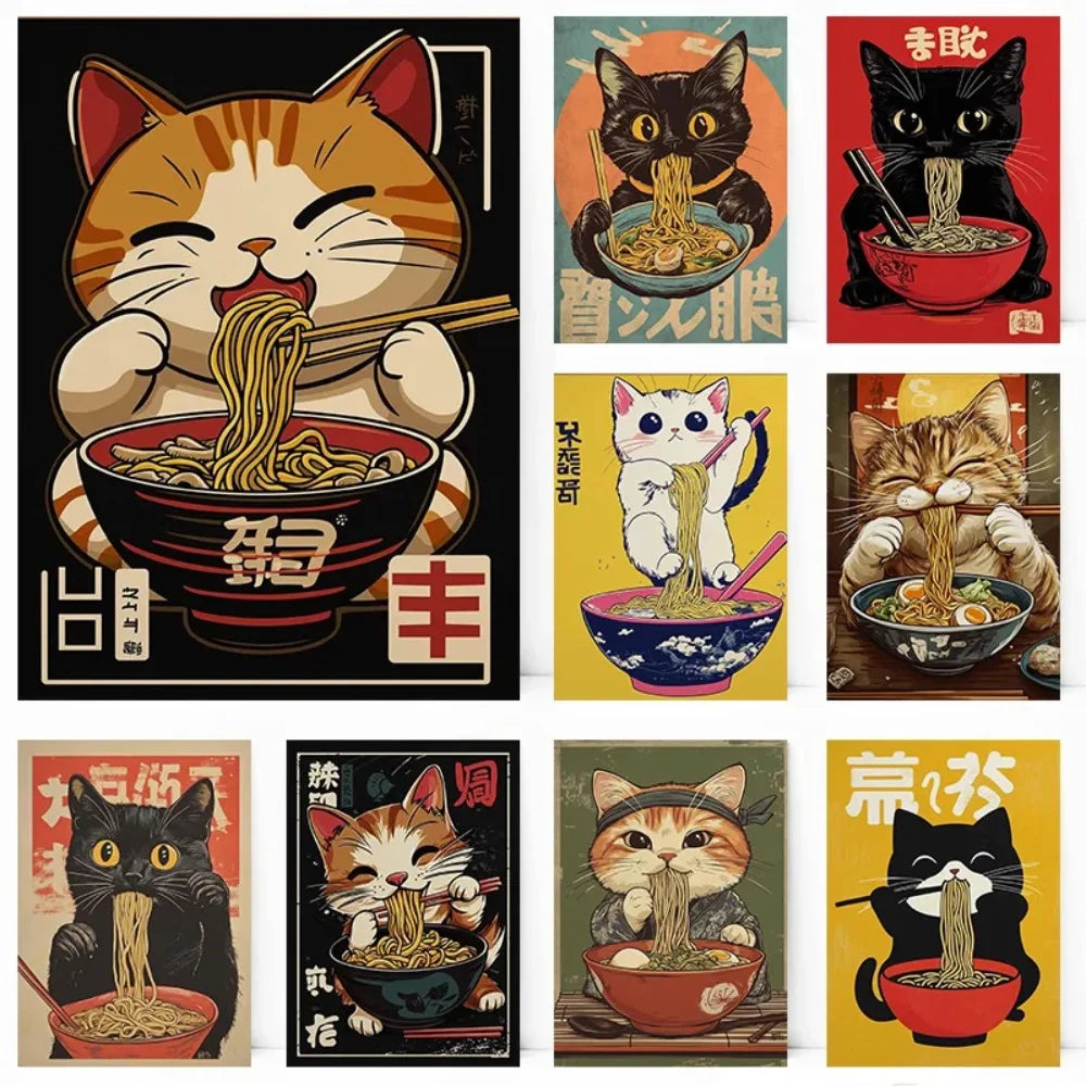 Black Cat Ramen Japanese Food Noodle Ginger Cat Poster Print Wall Art Pictures Canvas Painting Living Room Home Wall Decoration Peaceful Pleasures Health and Wellness