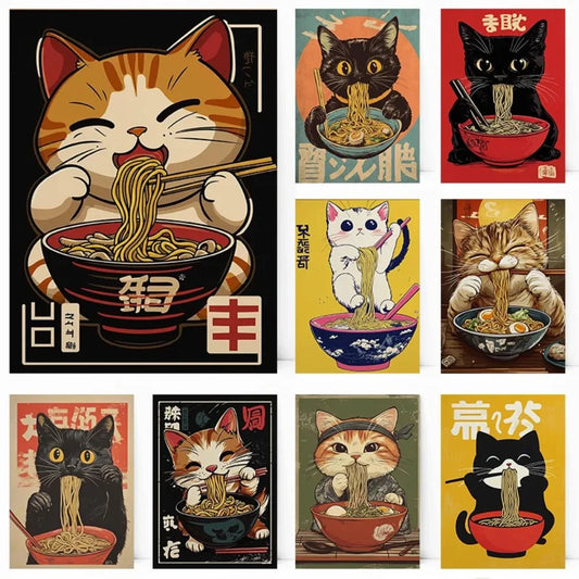 Black Cat Ramen Japanese Food Noodle Ginger Cat Poster Print Wall Art Pictures Canvas Painting Living Room Home Wall Decoration Peaceful Pleasures Health and Wellness