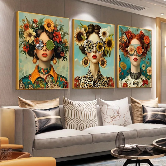 3pcs Art Deco Modern Glam Canvas Wall Art Set,Fashionable Woman with Glasses & Floral Prints,Butterfly Portrait Posters,Unframed Peaceful Pleasures Health and Wellness