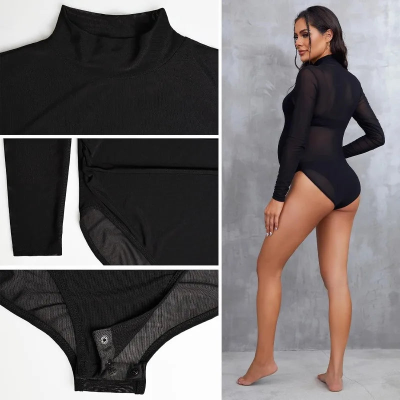 Photoshoot-Ready Sheer Mesh Maternity Bodysuit - Mock Neck, Elegant Design, Photography Outfit for Pregnant Women Peaceful Pleasures Health and Wellness