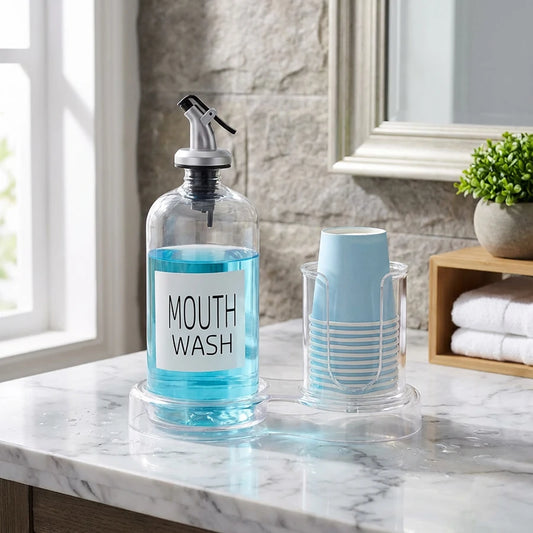 Mouthwash Dispenser with Cup Holder & Tray – 3-Piece Clear Pump Bottle Bathroom Organizer Set Peaceful Pleasures Health and Wellness