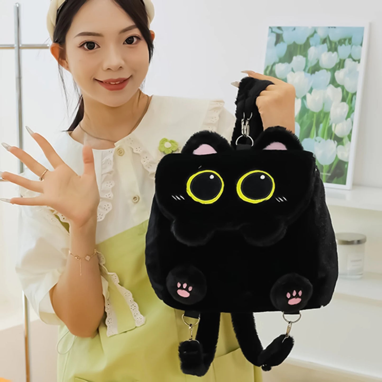 Black Cat Plush Backpack for Girls Cute Kitten Design Large Capacity Lightweight School Bag for Students Travel Daily Use Peaceful Pleasures Health and Wellness