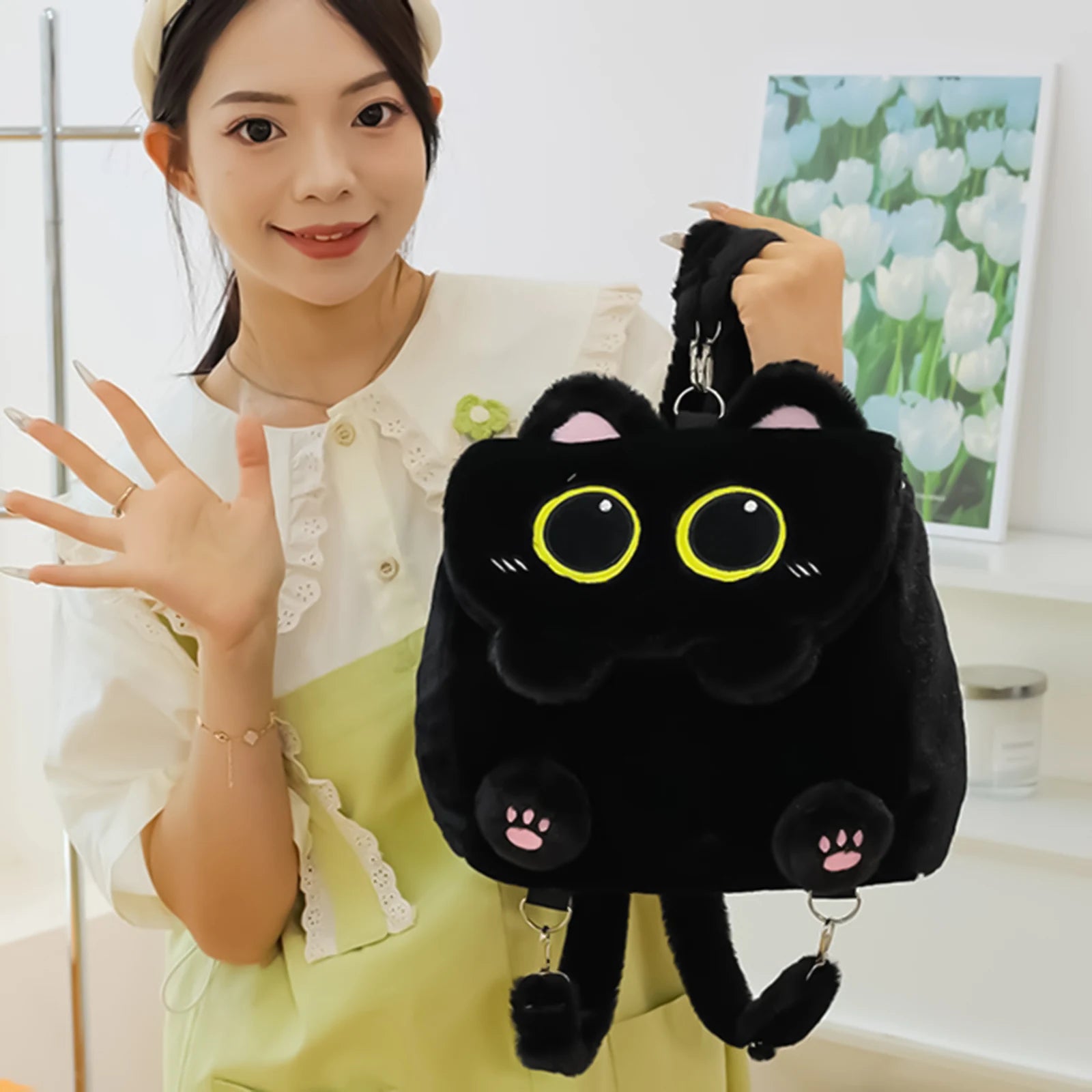 Black Cat Plush Backpack for Girls Cute Kitten Design Large Capacity Lightweight School Bag for Students Travel Daily Use Peaceful Pleasures Health and Wellness
