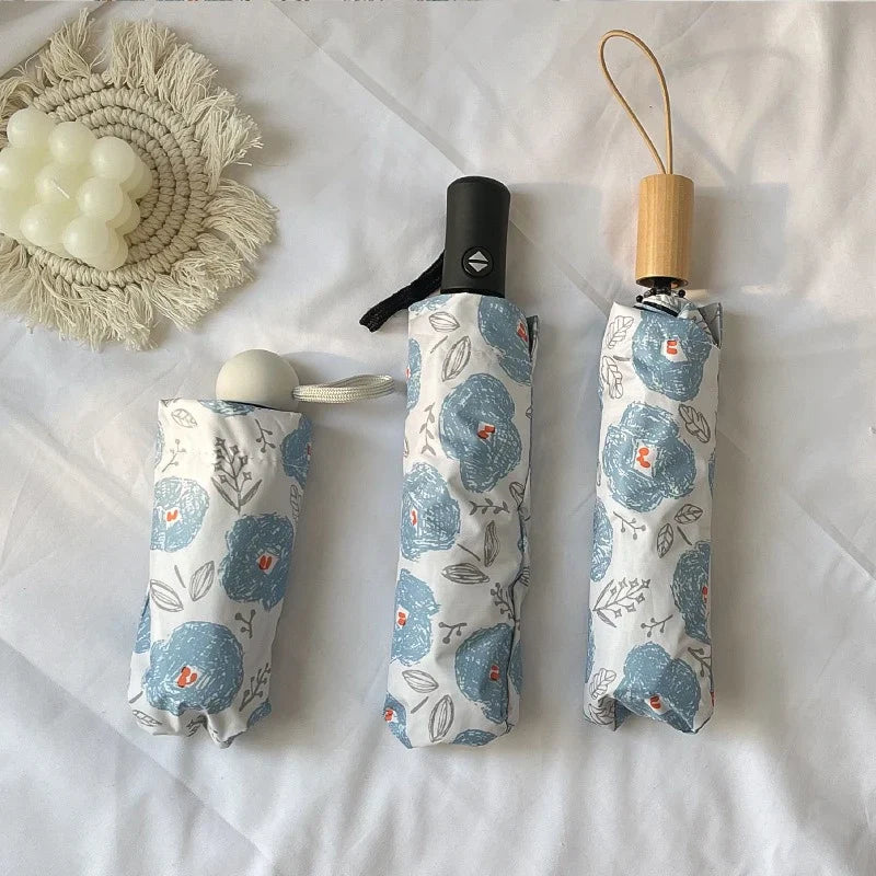 Blue Floral Automatic Folding Umbrella – UV Sun Protection