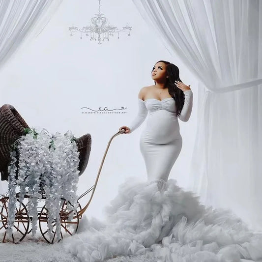 Luxury Mermaid Maternity Dress photoshoot Tulle Ruffles Front Split baby shower dresses for pregnant woman فساتين حوامل Peaceful Pleasures Health and Wellness white 8XL China Mainland