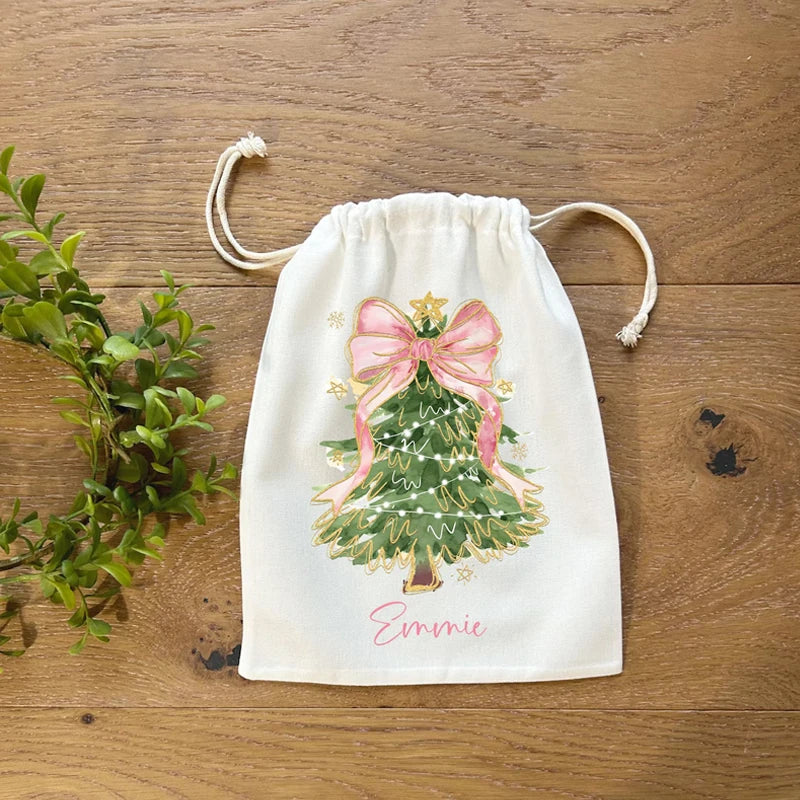 5-Pack Personalized Pink Bow Christmas Gift Bags with Name Holiday Gift Bags Peaceful Pleasures Health and Wellness
