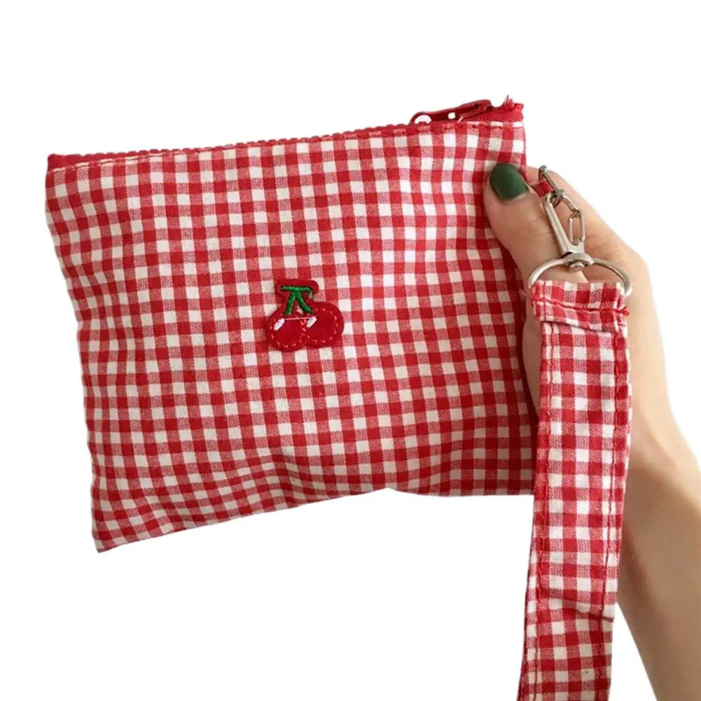 Red Cherry Canvas Makeup Bag, Portable and Easy to Carry. Red Plaid, Large Capacity Cosmetic Lipstick Storage Bag. Peaceful Pleasures Health and Wellness A