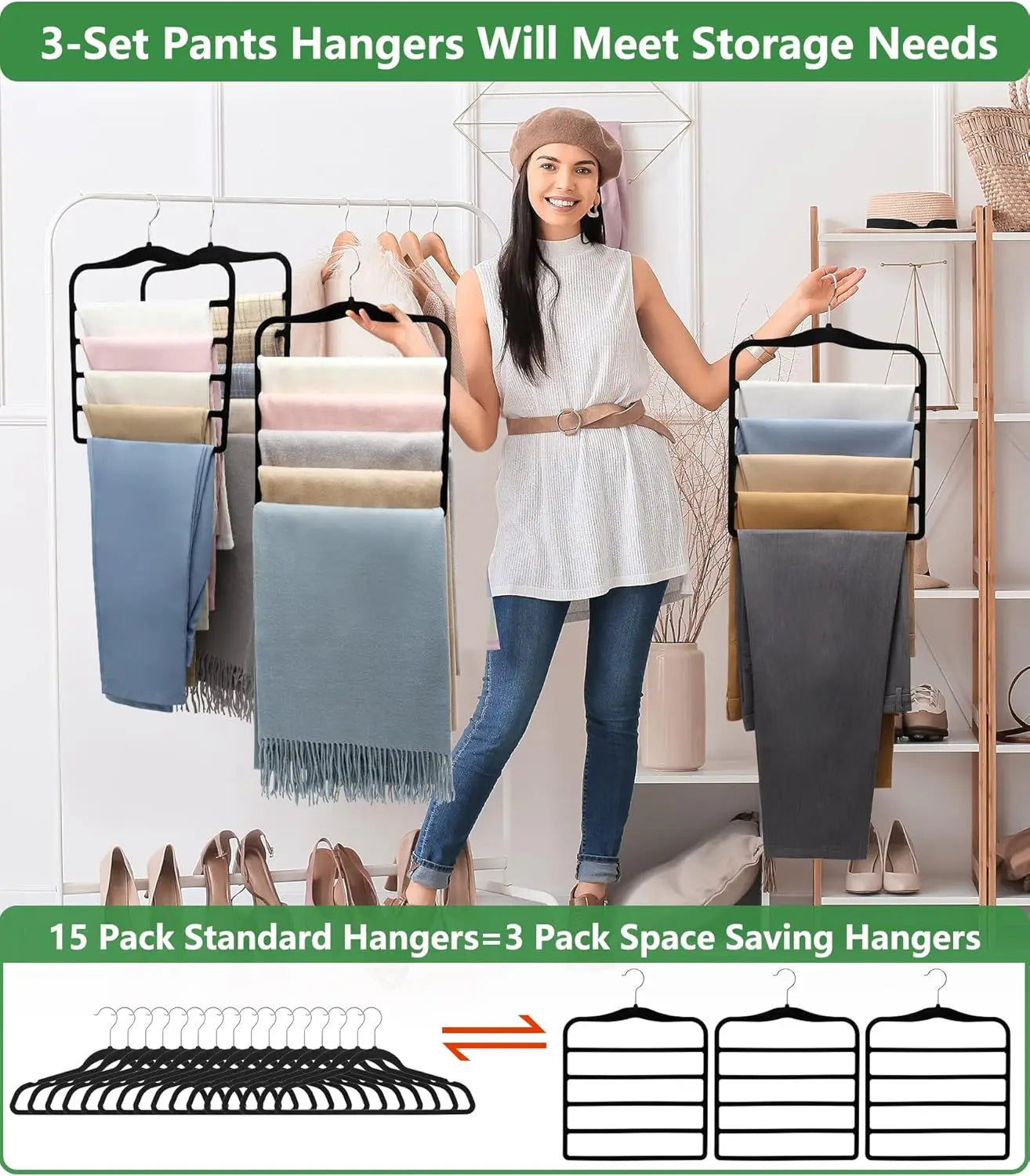 Woman holding scarves with a closet background, showcasing a product advertisement for pants hangers.