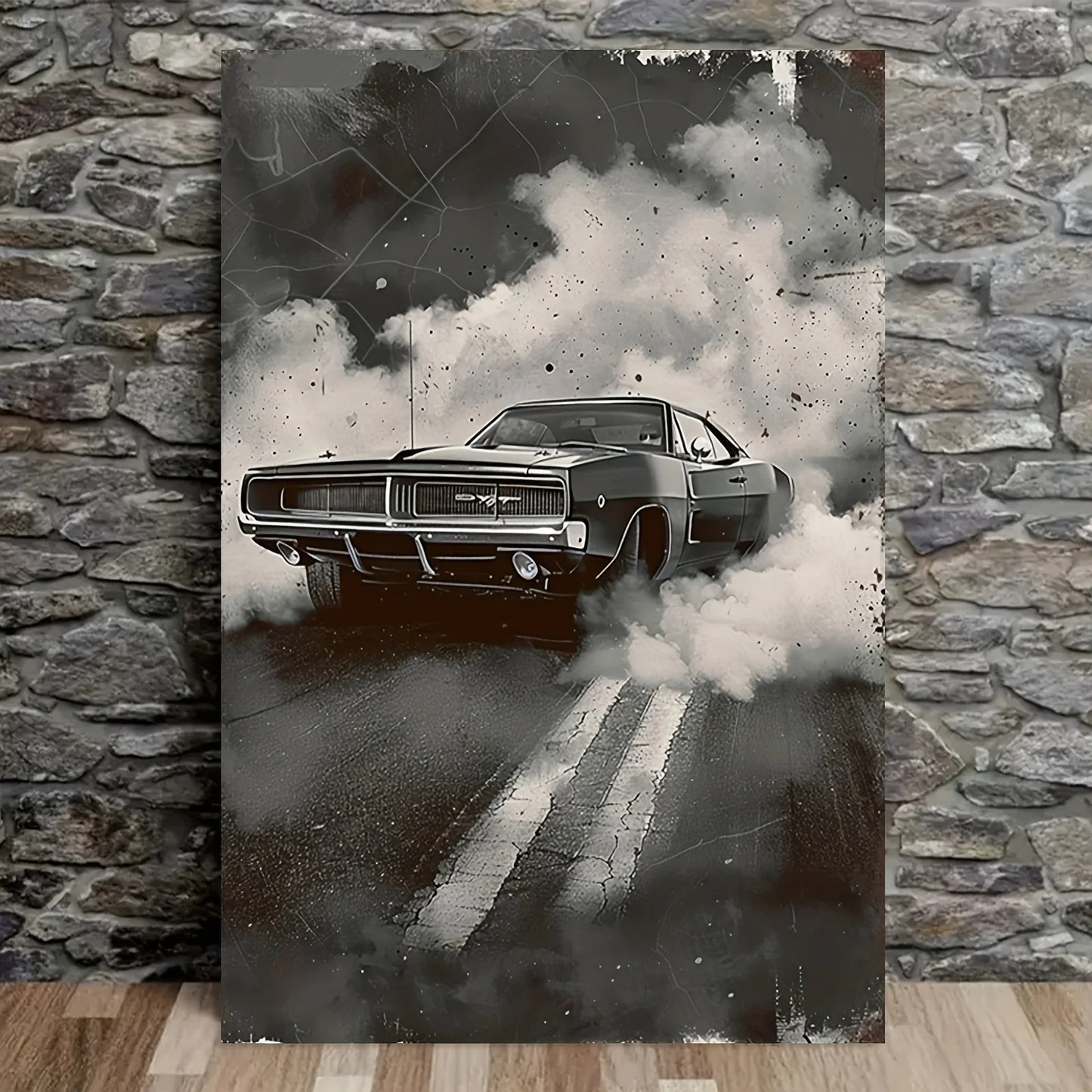 Black and White Muscle Car Canvas Print – Drifting Smoke Scene, Retro Auto Portrait, Frameless for Home Office Decor Peaceful Pleasures Health and Wellness