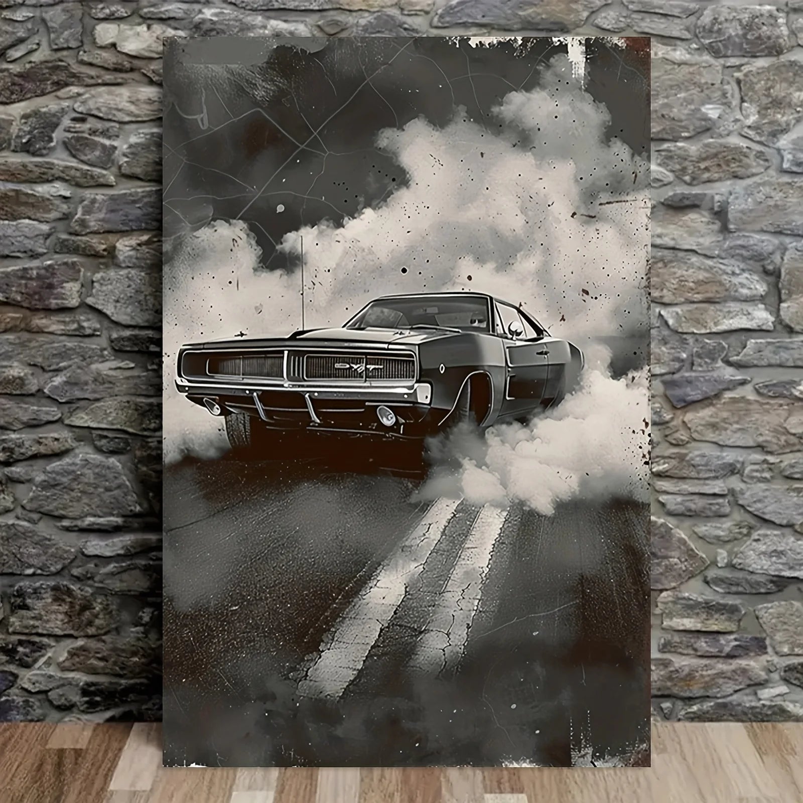 Black and White Muscle Car Canvas Print – Drifting Smoke Scene, Retro Auto Portrait, Frameless for Home Office Decor Peaceful Pleasures Health and Wellness