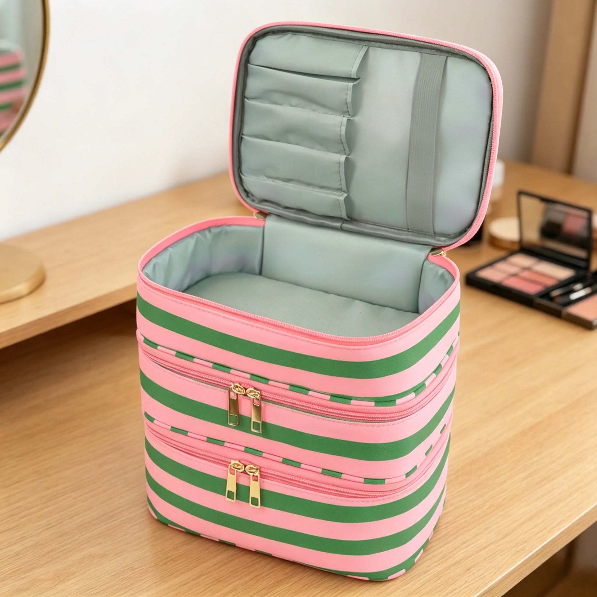 Large Makeup Bag 3 Layers with Handle Travel Makeup Bag Organizer Toiletry Accessories Bottles, Brushes, and Skin Care Products Peaceful Pleasures Health and Wellness