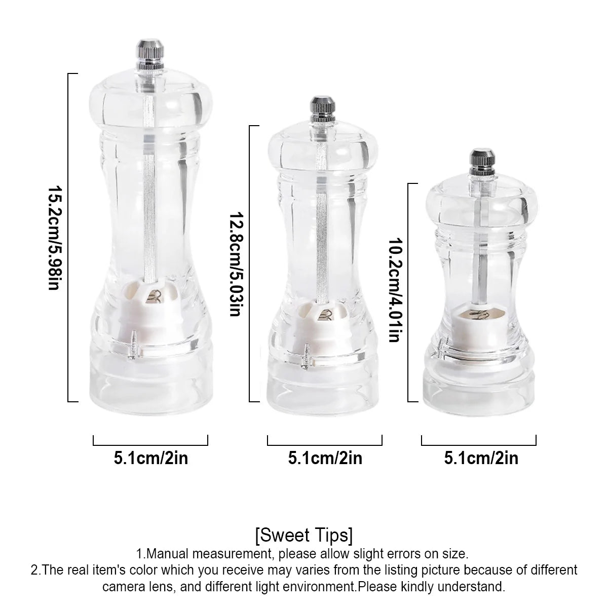 Pepper Grinder- 4/5/6 inch Acrylic Salt and Pepper Shakers Adjustable Coarseness by Ceramic Rotor kitchen accessories Peaceful Pleasures Health and Wellness