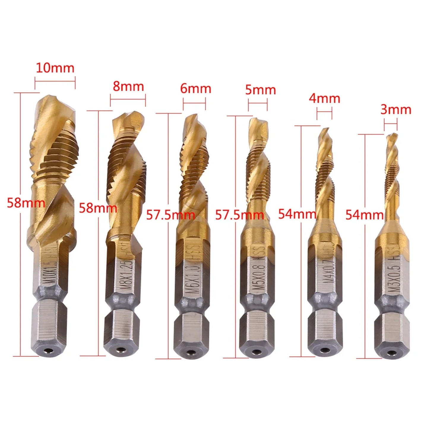 Metric Thread M3-M10 Titanium Coated HSS Drill Tap Bits 1 4 Hex Shank