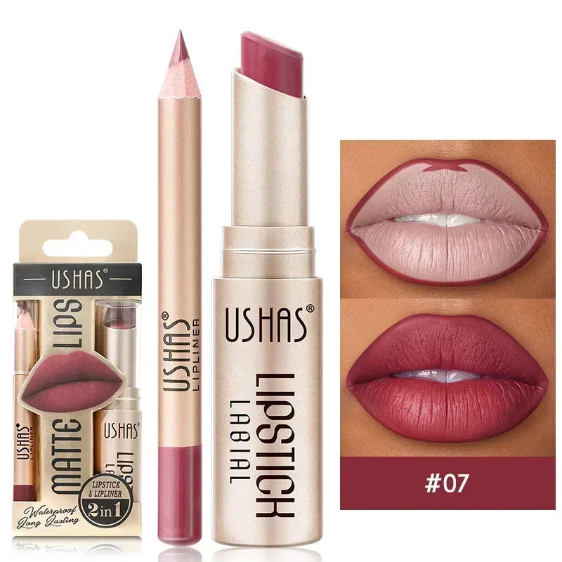 Professional 2 In 1 Lip Liner Lipstick Set Matte Finish High Pigment Long Lasting Waterproof Sweatproof Cosmetic Beauty Makeup Peaceful Pleasures Health and Wellness S7