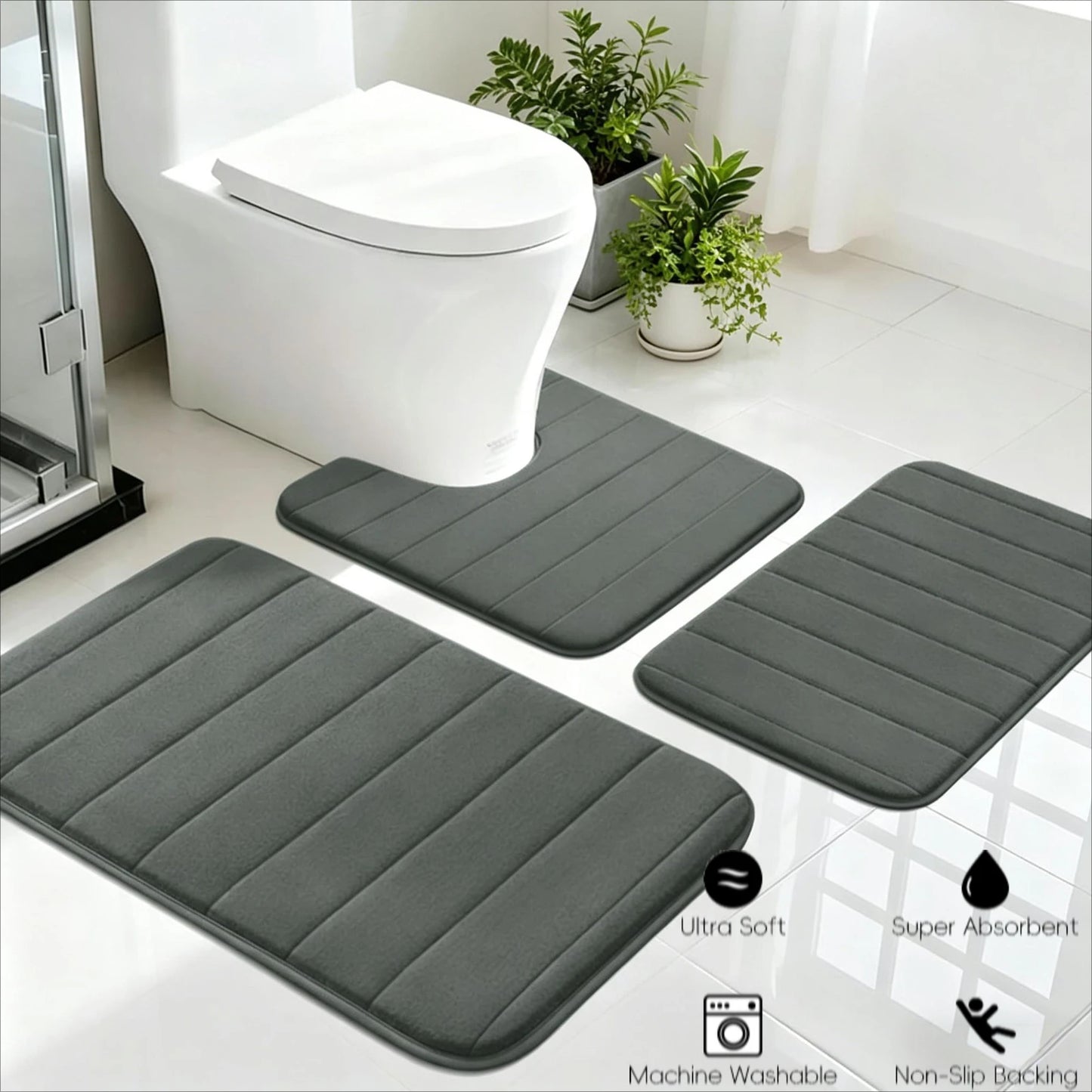Memory Foam Bath Mat Set 3 Piece Thick Extra Soft Bathroom Non-Slip Rugs Super Water Absorbent Machine-Washable Toilet Floor Mat Peaceful Pleasures Health and Wellness