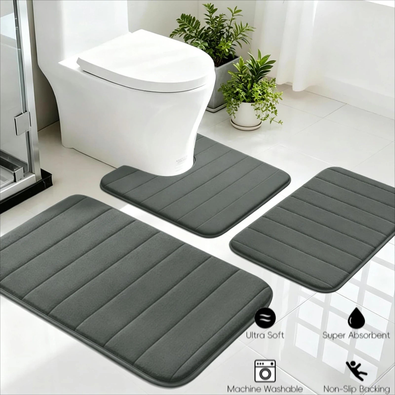 Memory Foam Bath Mat Set 3 Piece Thick Extra Soft Bathroom Non-Slip Rugs Super Water Absorbent Machine-Washable Toilet Floor Mat Peaceful Pleasures Health and Wellness