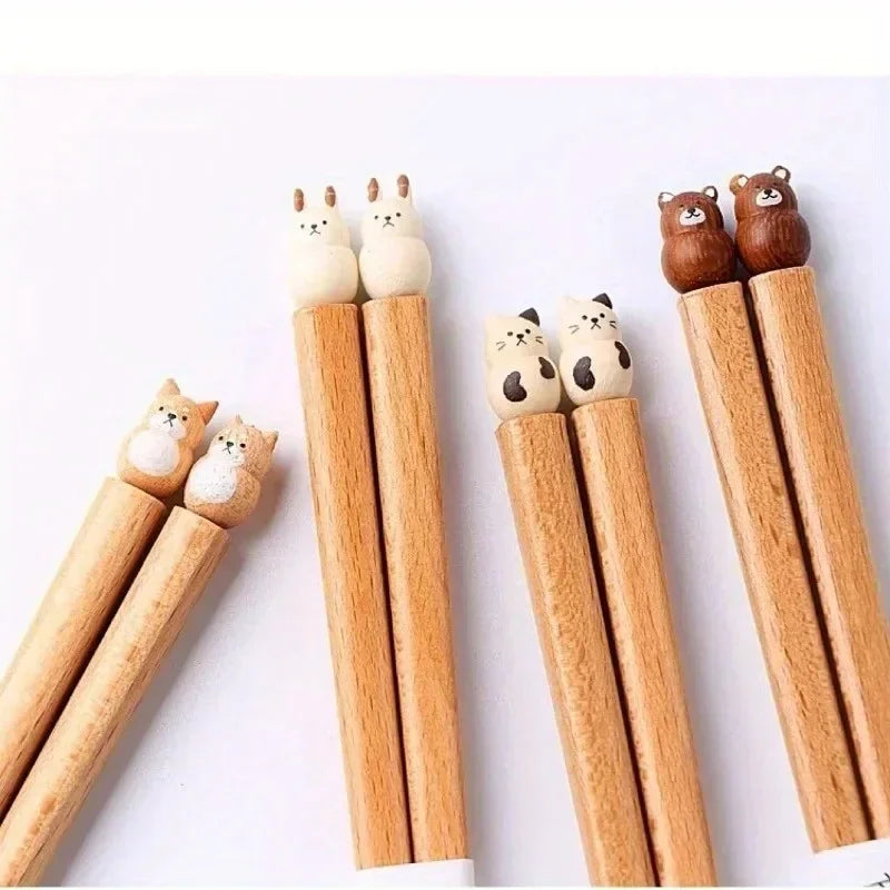 Practical Cute Shiba Bear Rabbit Cats Tableware Beech Wood Chopsticks Practical Wooden Dinnerware Hand Carved Beech Chopsticks Peaceful Pleasures Health and Wellness