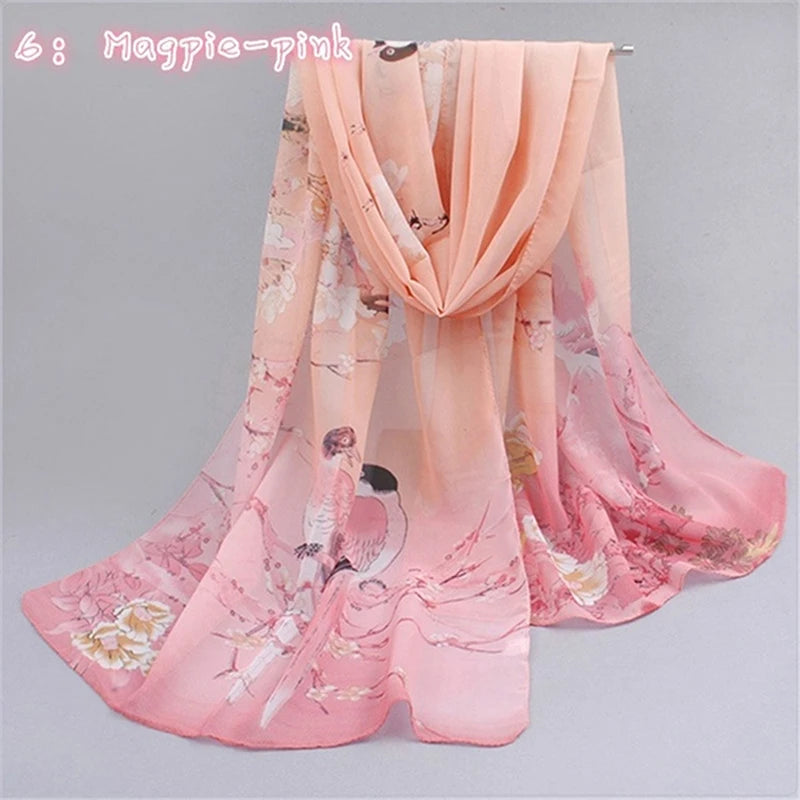 Women Chiffon Scarf Fashion Leisure Butterflies Branch Pattern Long Shawl Versatile Elegant Minimalist Retro Female Scarves Peaceful Pleasures Health and Wellness Magpie Pink One Size