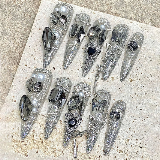 Rhinestone Glitter Press-On Nails – Long Pointed Bridal Set Press-On Nail Set Peaceful Pleasures Health and Wellness