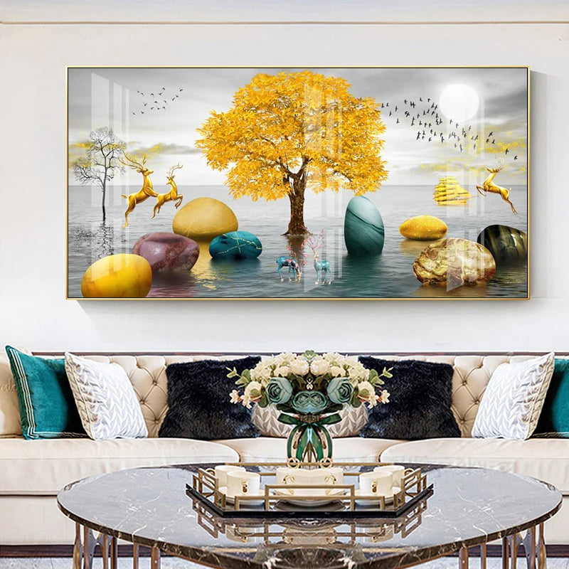 Abstract Luxury Flowers Canvas Painting, Golden Rich Tree, Wall Art Posters Money Tree Prints, Living Room, Porch, Home Decor Peaceful Pleasures Health and Wellness