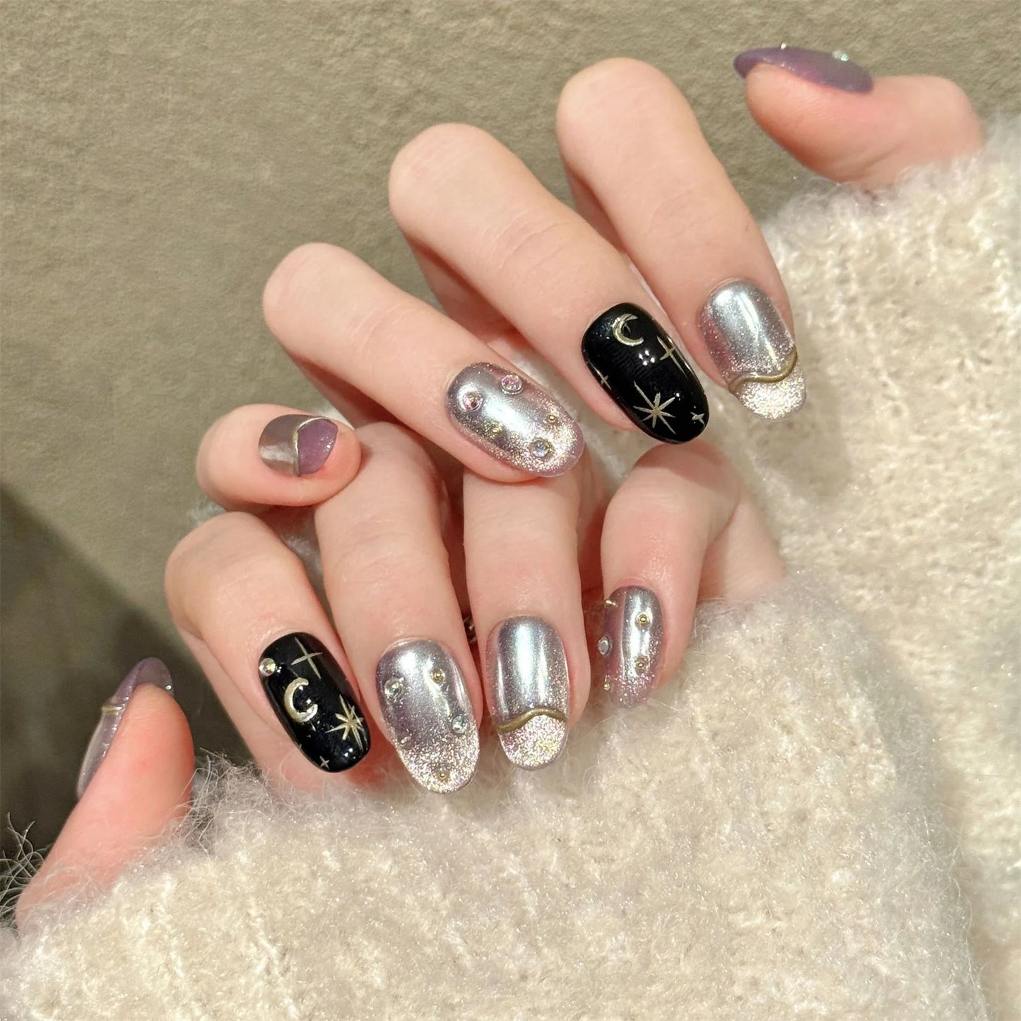 10pcs Sweet Stars Bow Handmade Fake Nails Press on Nails Gentle Cat's Eye Fake Nails French Tips Detachable Wedding False Nails Peaceful Pleasures Health and Wellness