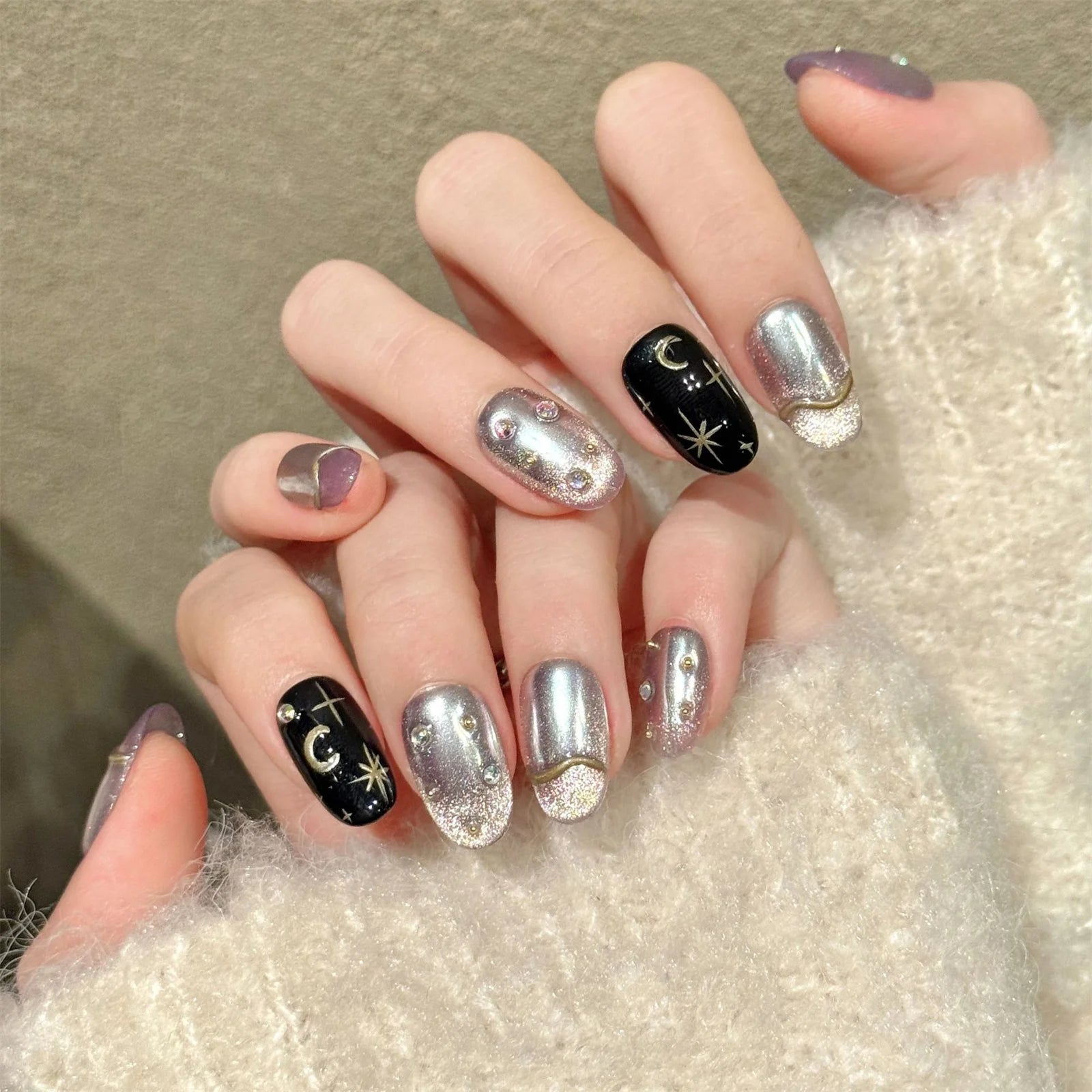 10pcs Sweet Stars Bow Handmade Fake Nails Press on Nails Gentle Cat's Eye Fake Nails French Tips Detachable Wedding False Nails Peaceful Pleasures Health and Wellness