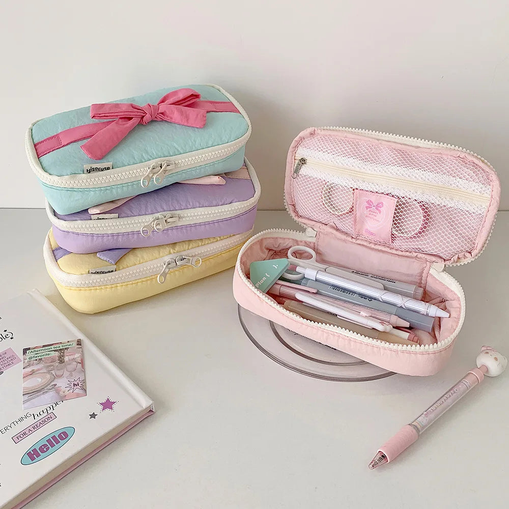 Soft Fabric Pencil Case Student Simple Bow Storage Bag Stationery Bag DIY Journal Desktop Storage Bag Practical Stationery Bags Peaceful Pleasures Health and Wellness