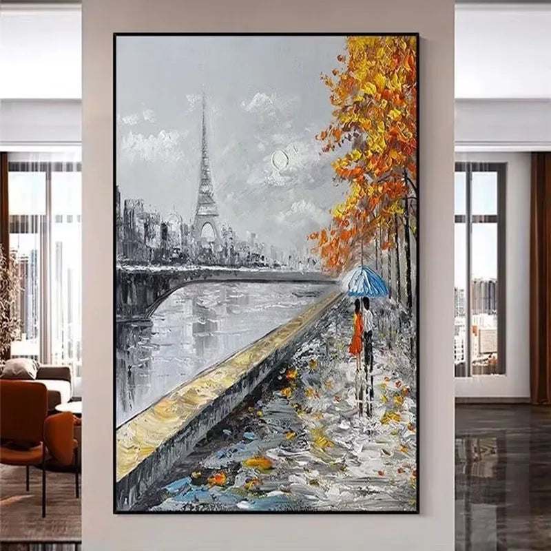 Modern Simplicity Parisian Street Scenery Handmade Oil Painting, Living Room Decoration, Sofa Background, Hanging Painting Peaceful Pleasures Health and Wellness