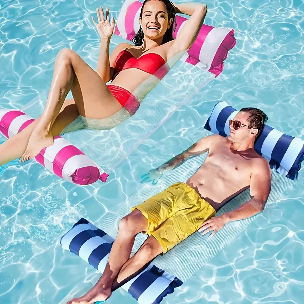 Foldable Striped Inflatable Pool Lounge Chair | Net Backrest