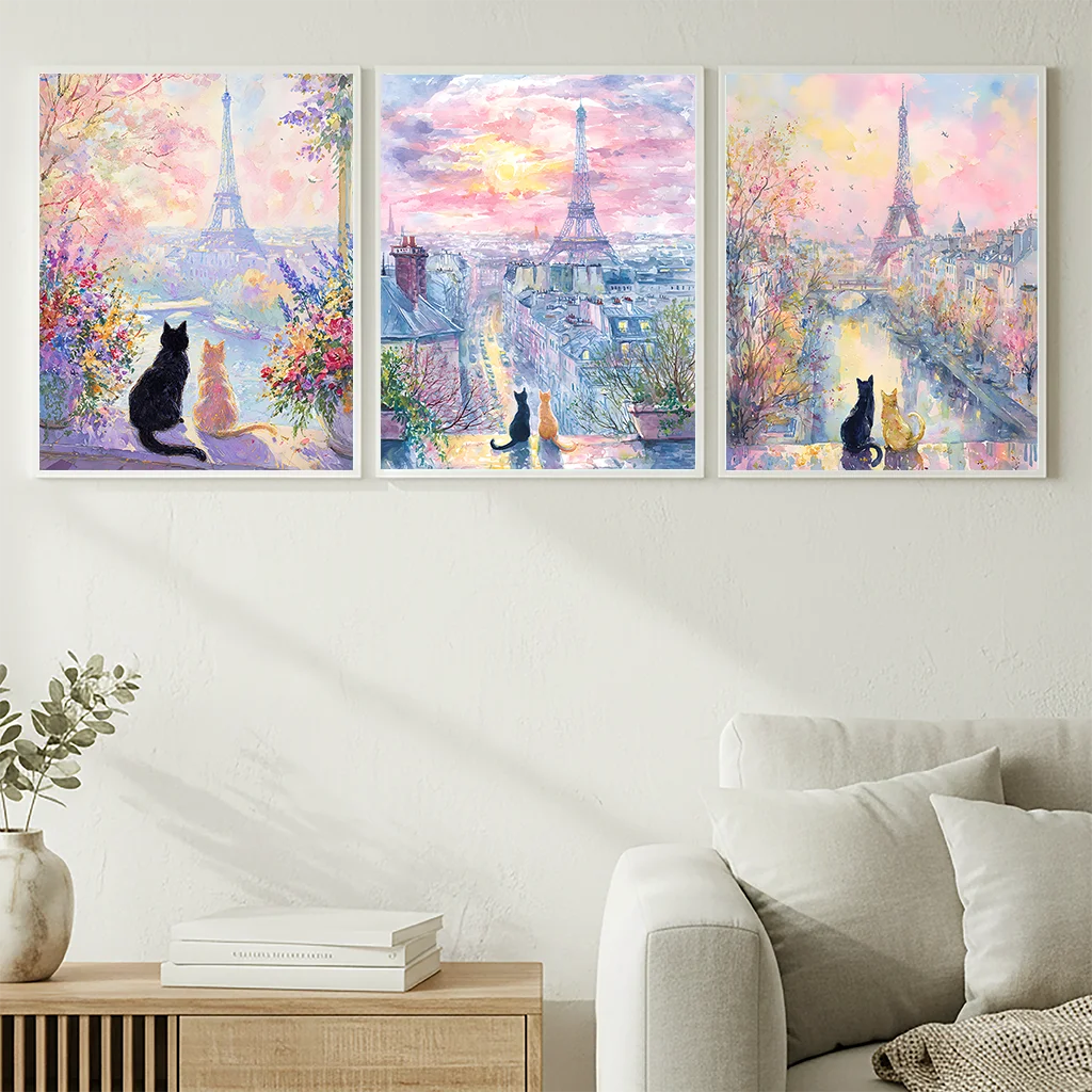 Animal Landscape Wall Art, Paris Eiffel Tower Cat Canvas Painting, Nordic Pastel Poster Print for Bedroom Living Room Wall Decor Peaceful Pleasures Health and Wellness