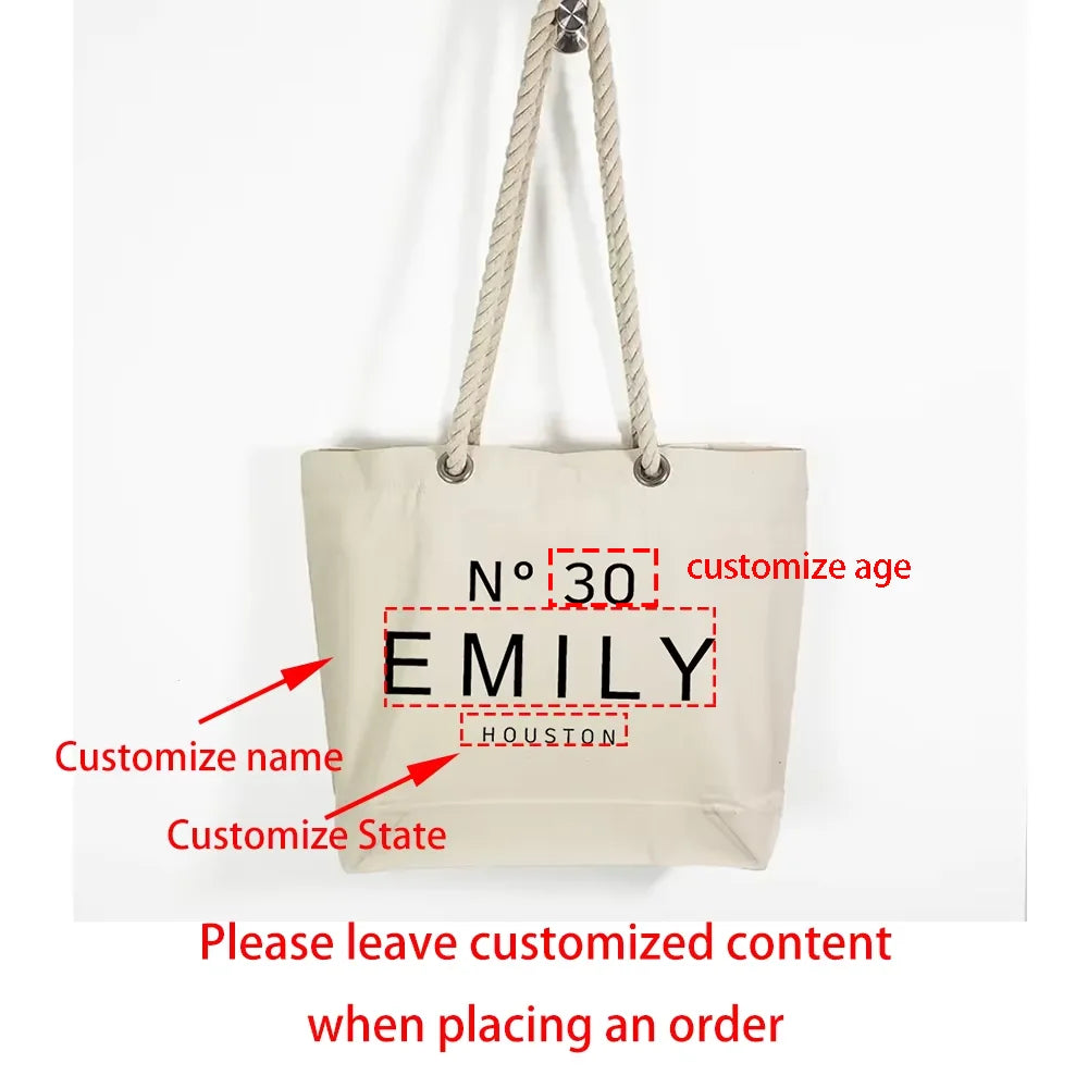Custom Hemp Punched Canvas Bags 30th 40th 50th Years Tote Bag with Name and State Birthday Celebration Gift for Women Bday Party Peaceful Pleasures Health and Wellness Custom bag 1pcs 50x38x13cm
