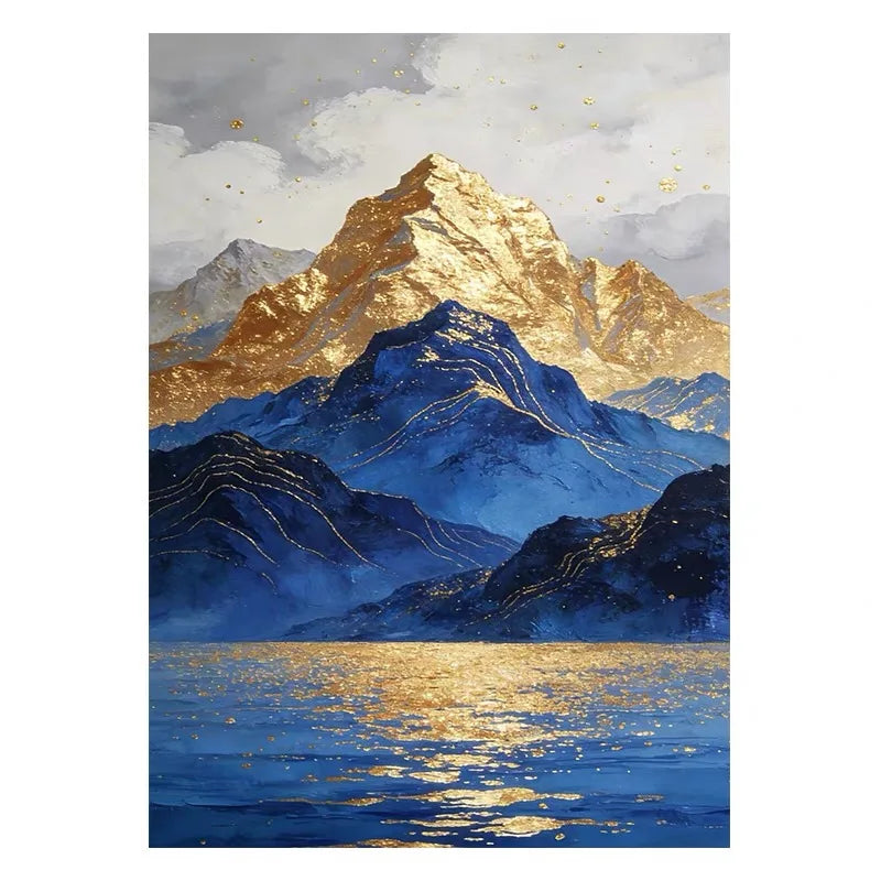Hand Painted Canvas Oil Painting Abstract Gold And Blue Mountains Poster Wall Art Picture Home Decor Hang Mural For Living Room Peaceful Pleasures Health and Wellness no frame 100cmx200cm
