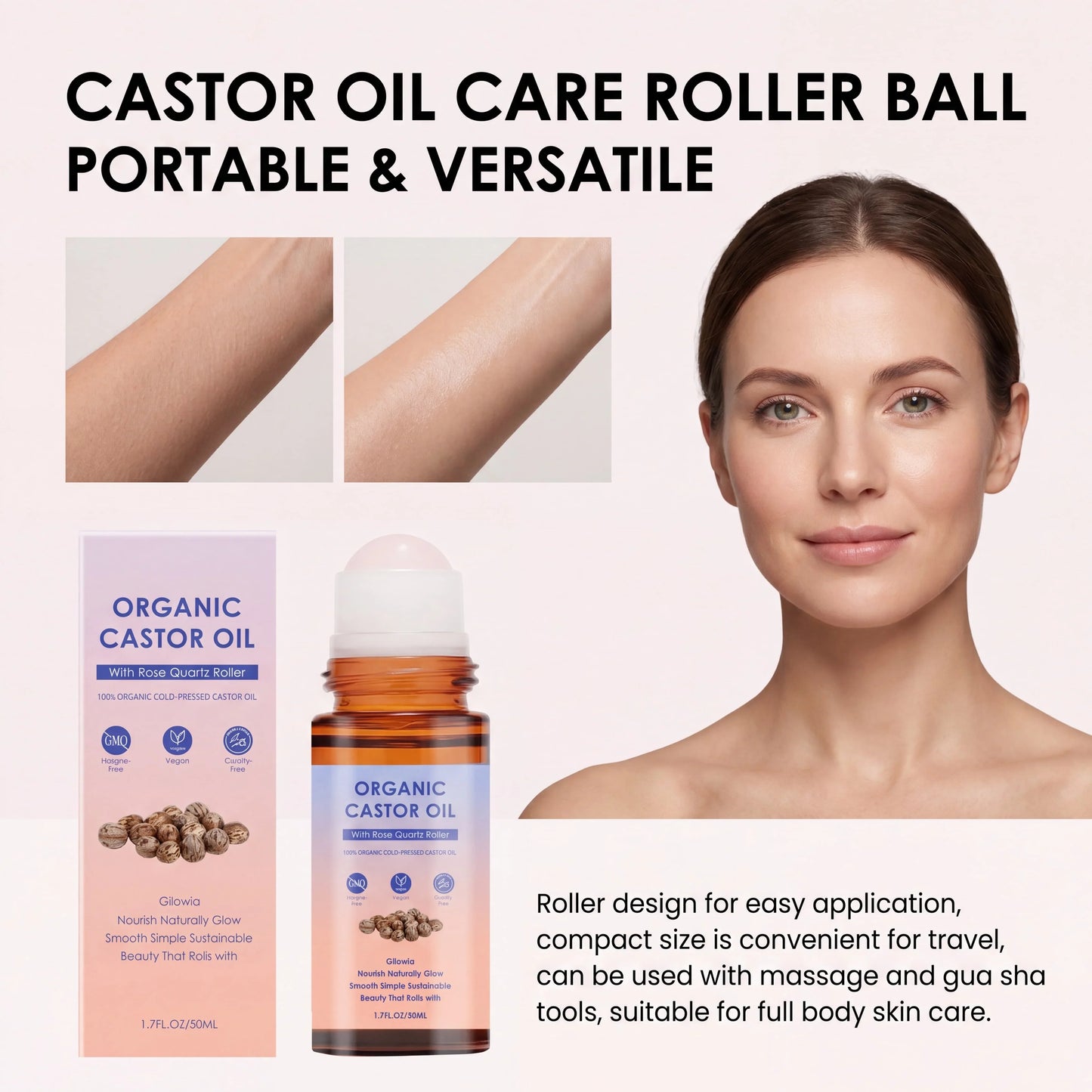 Organic Castor Oil Rose Quartz Roller Ball | Pure Cold-Pressed 50ml