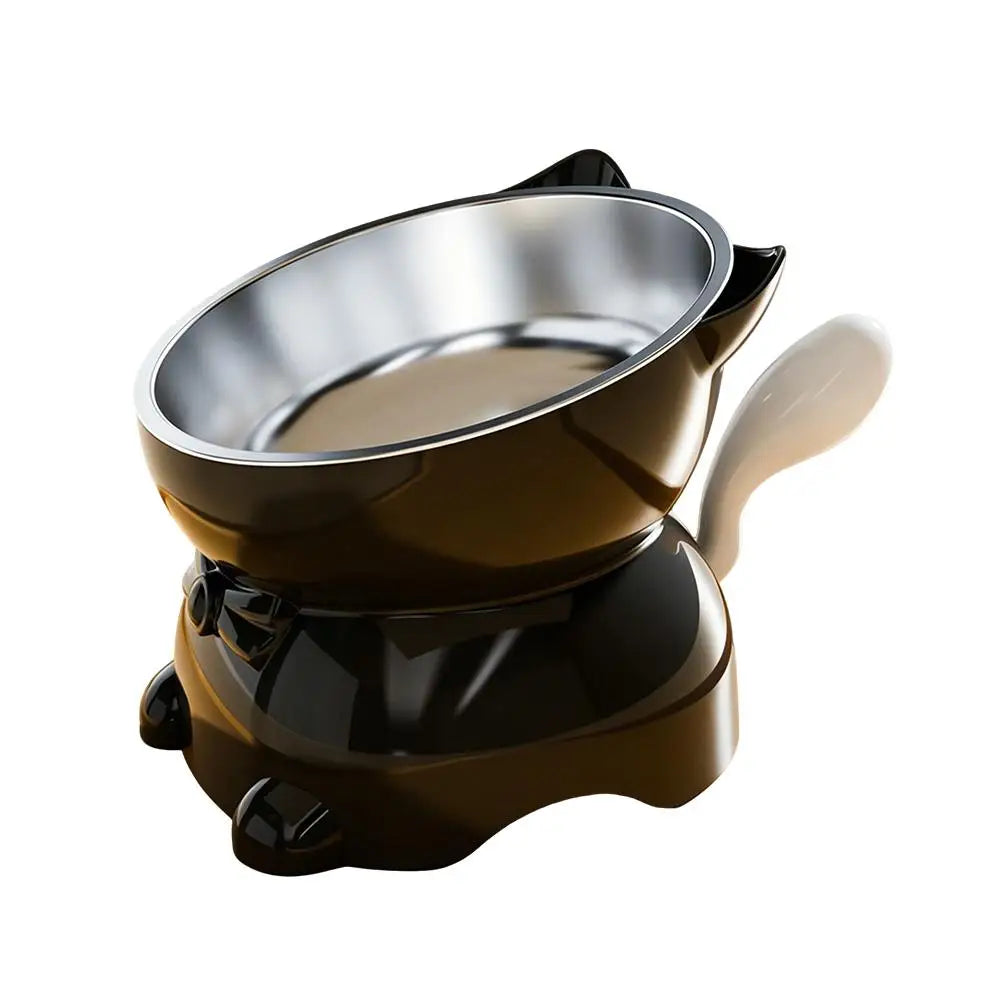 Increased Neck Protection High Quality Water Bowl Healthy Safe Stainless Steel Cat Bowl Anti-overturning Oblique Mouth Pet Bowl Peaceful Pleasures Health and Wellness Black