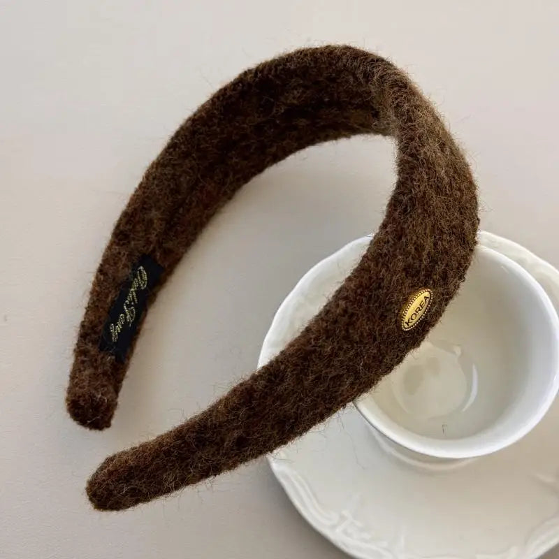 Korean Fuzzy Headband – Soft Plush Hairband with Gold Logo