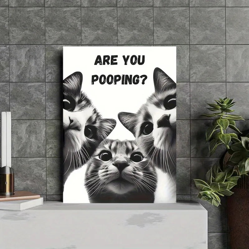 Funny Cat Bathroom Canvas Art, 'Are You Pooping?' Humorous Toilet Decor, Frameless Wall Art for Home, Cat Bathroom Decor Art Peaceful Pleasures Health and Wellness