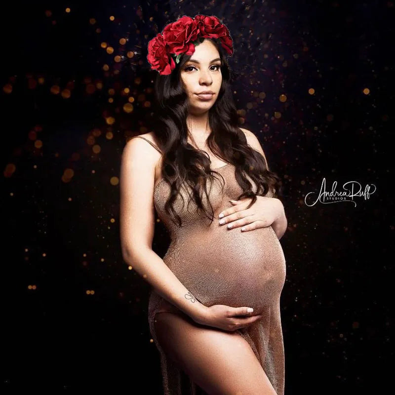 Pregnancy Dress Shoot Gold Knitted Maternity Dresses for Photo Shoot Robe Transparent hollowed Clothing Props Peaceful Pleasures Health and Wellness