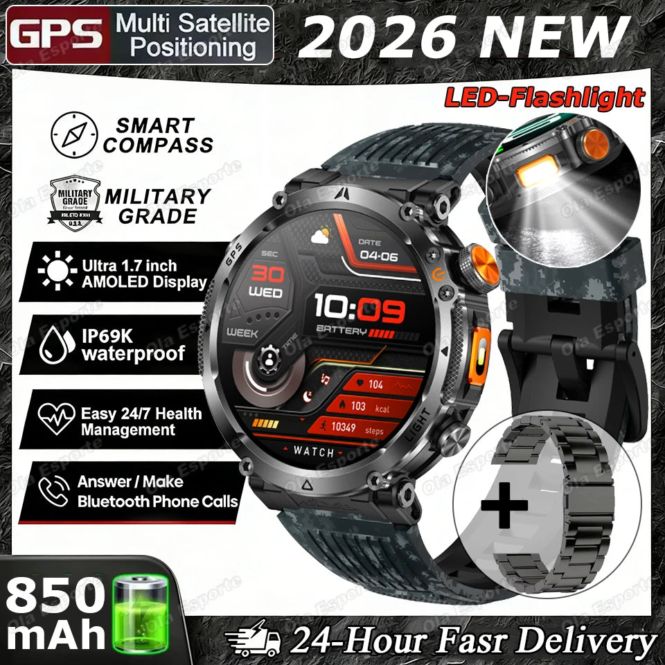 New Military GPS Sports Smart Watch Men Compass 3ATM Waterproof Swim Fitness Tracker AMOLED HD SmartWatches 850Mah Battery HW12 Peaceful Pleasures Health and Wellness BkMicai22BkSzstrap