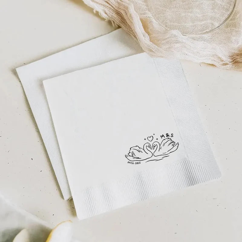20 Personalized Swan Heart Wedding Napkins | Custom Monogram