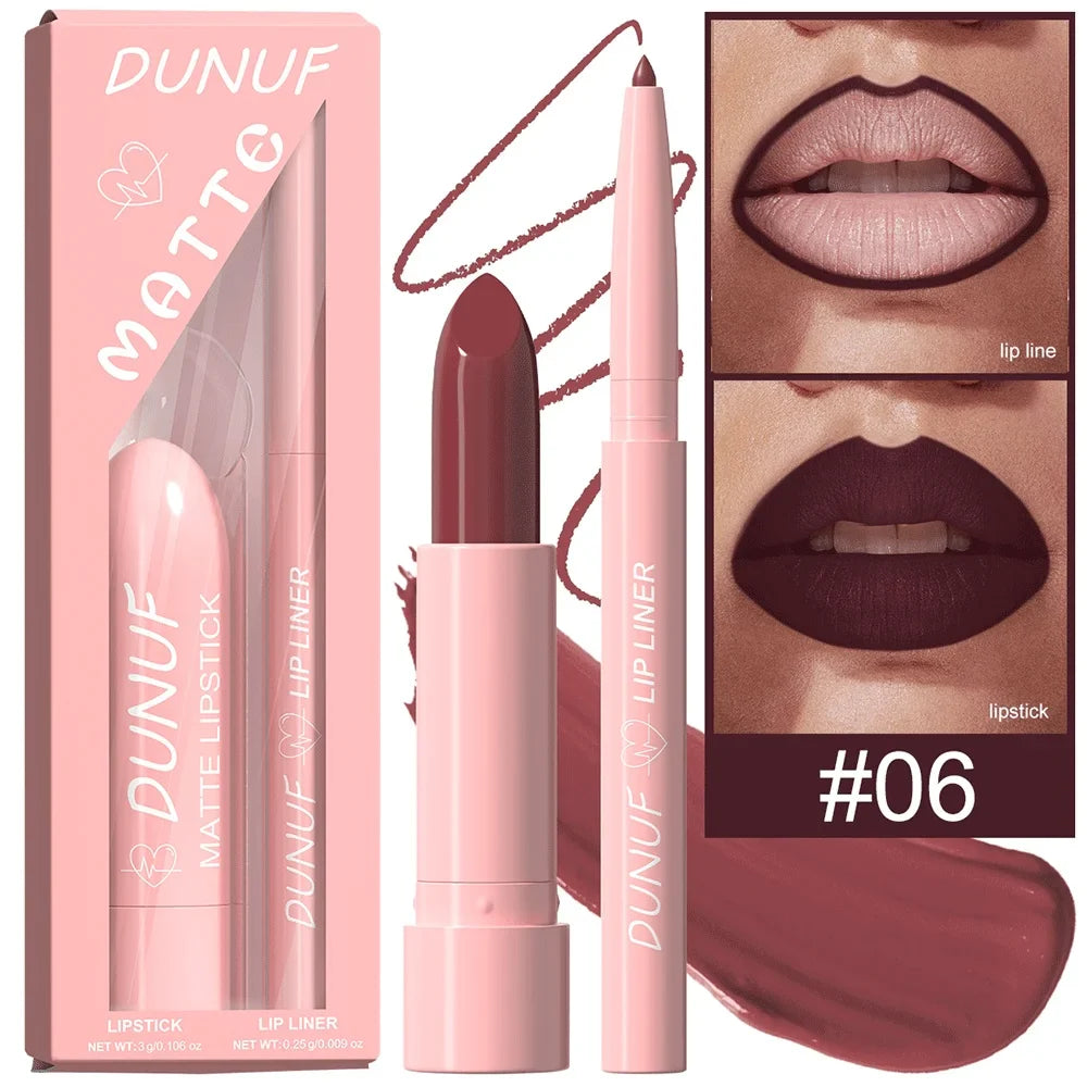 DUNUF 12-Color Matte Lipstick & Lip Liner Set – Waterproof