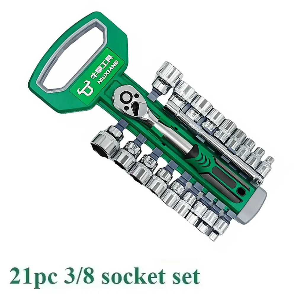 Ratchet Socket Wrench Set 1/4 3/8 Combination Motorcycle Car Repair Hand Tools Spanner Sleeves Head Auto Repairing Kit Peaceful Pleasures Health and Wellness 3-8inch 21PCS