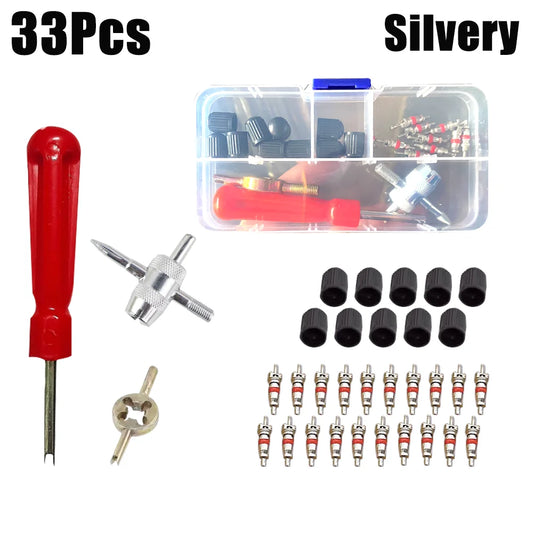 Tire Valve Stem Core Remover Tool Kit – Car Bike Motorcycle Tire Repair Tool Peaceful Pleasures Health and Wellness 33Pcs - Silver