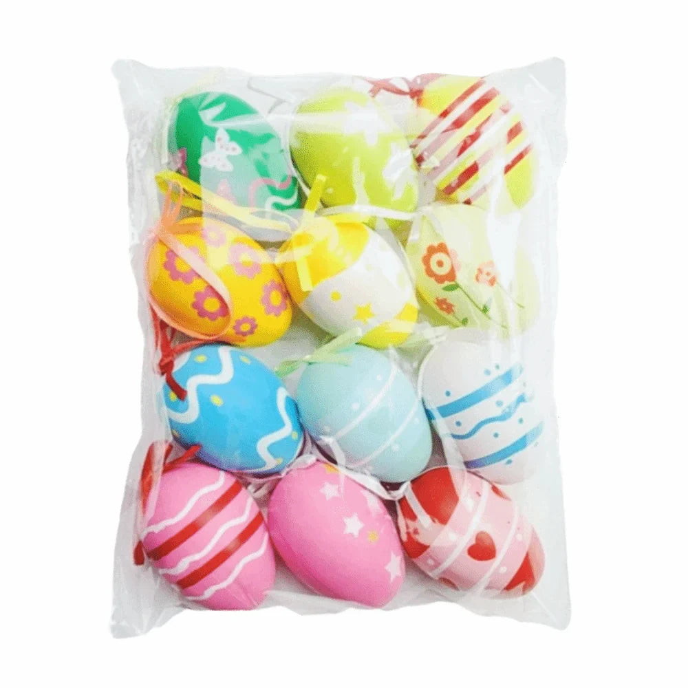 12-Piece Hand Painted Cartoon Easter Egg Hanging Ornaments
