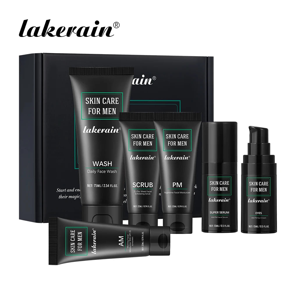 Lakerain Skin Care for Men Kit Oil Control Skin Firming Increase Hydrate Deep Cleaning Face 7 PCS Per Set Travel Skin Care Kit Peaceful Pleasures Health and Wellness