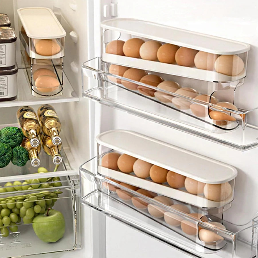 Automatic Rolling Egg Holder for Fridge – Stackable Egg Organizer & Dispenser Rack