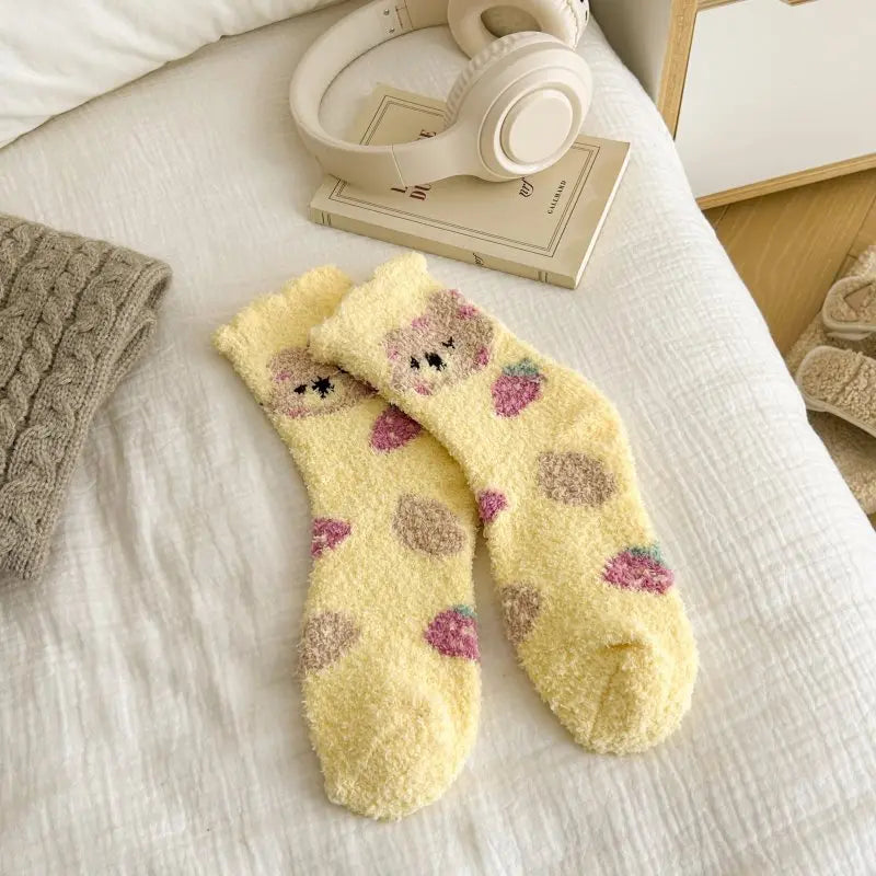 New Fashion Coral Fleece Women Socks Warm Home Floor Socks Strawberry Bear Socks Mid Tube Sleep Socks Plush Socks Added Fleece Peaceful Pleasures Health and Wellness YELLOW One Size