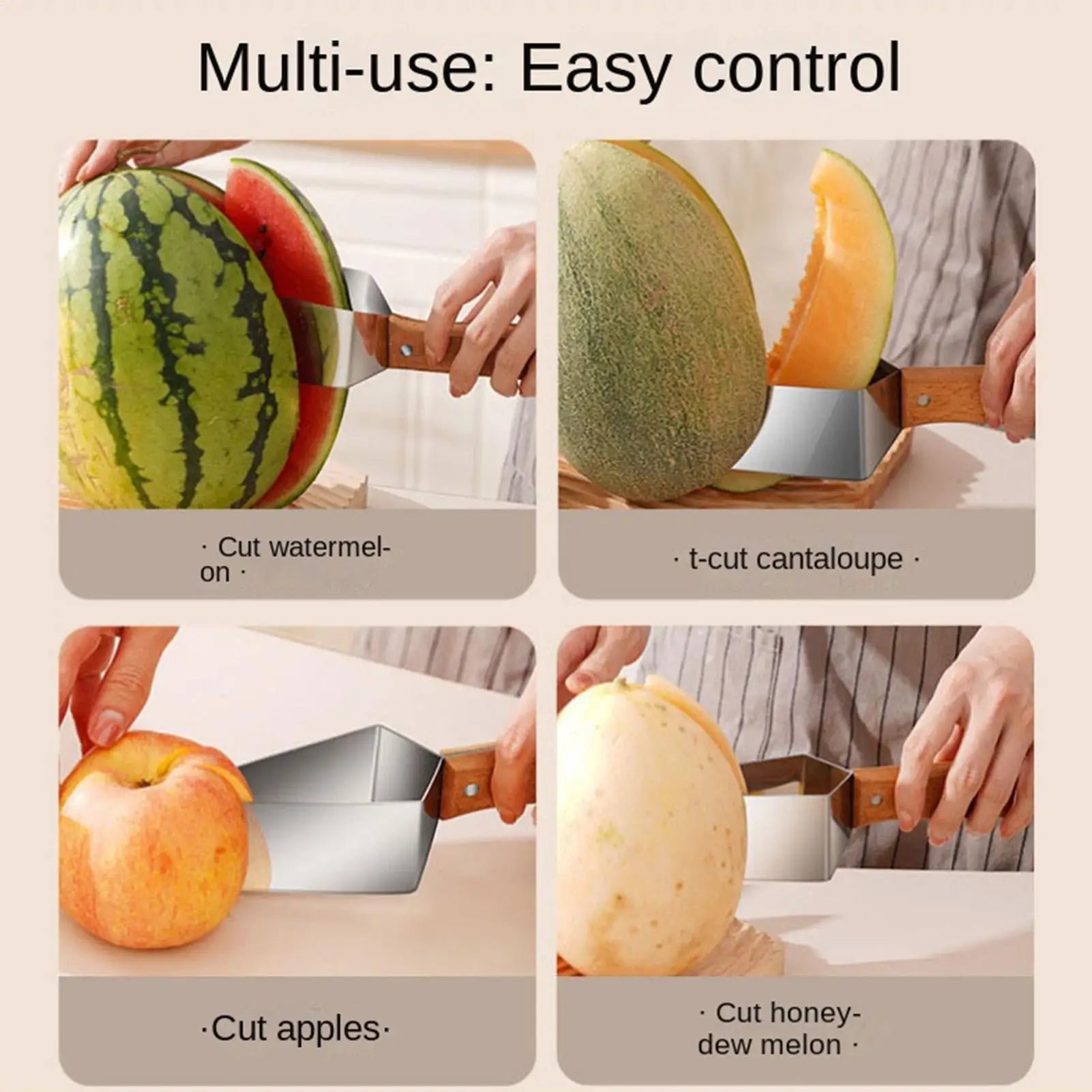 Watermelon Cutter Stainless Steel Ergonomic Wooden Handle Metal Cantaloupe Slicer for Muskmelon Cake Base Cantaloupe Home Peaceful Pleasures Health and Wellness CN