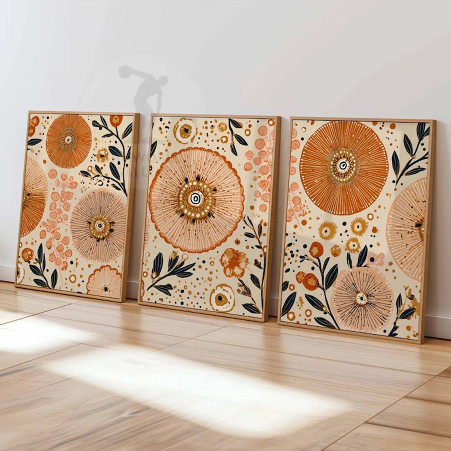 3-Piece Boho Floral Canvas Wall Art | Orange & Beige Abstract Print