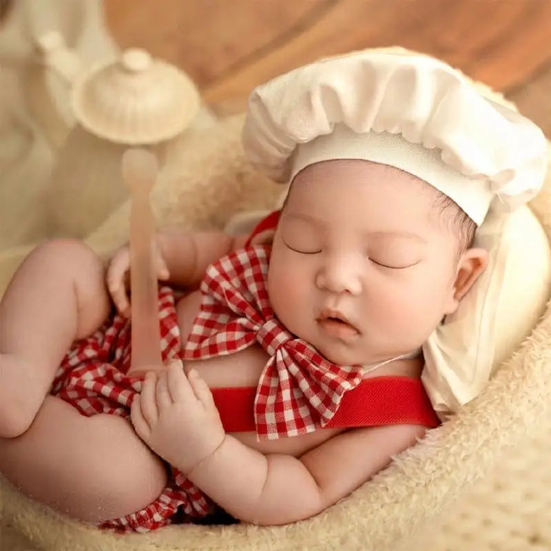 Newborn Photography Outfit 3-Piece Set – Checkered Overall & Hat